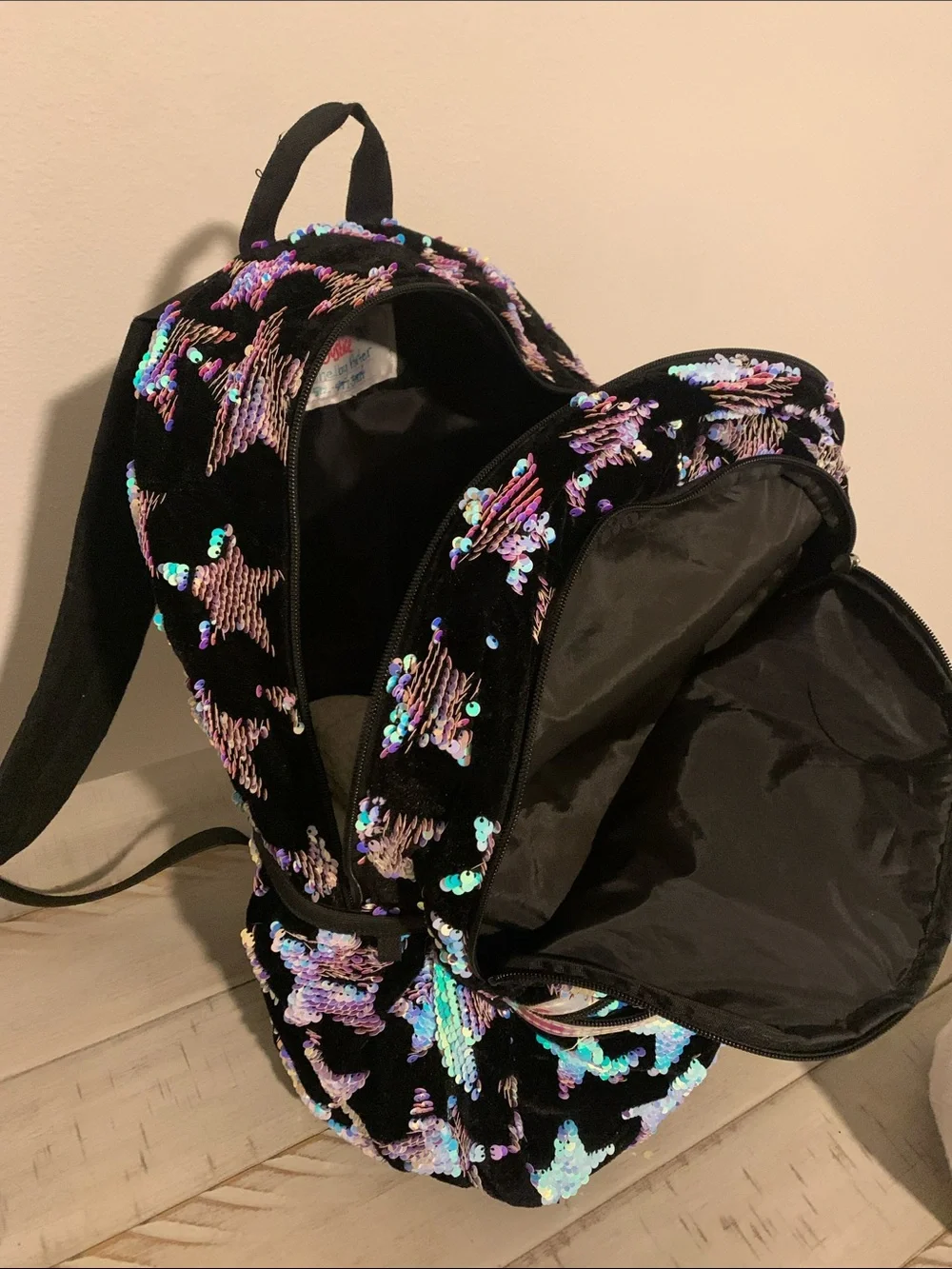 Justice Black Sequin Star Backpack with Iridescent Accents